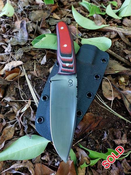 Handmade Utility Knife, Handmade utility knife. 80CRV2 steel, flat grind, red/white/black G10 scales, kydex sheath. Courier cost excluded. Please email/whatsapp for more pics/details.