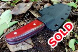 Handmade Utility Knife, Handmade utility knife. 80CRV2 steel, flat grind, red/white/black G10 scales, kydex sheath. Courier cost excluded. Please email/whatsapp for more pics/details.