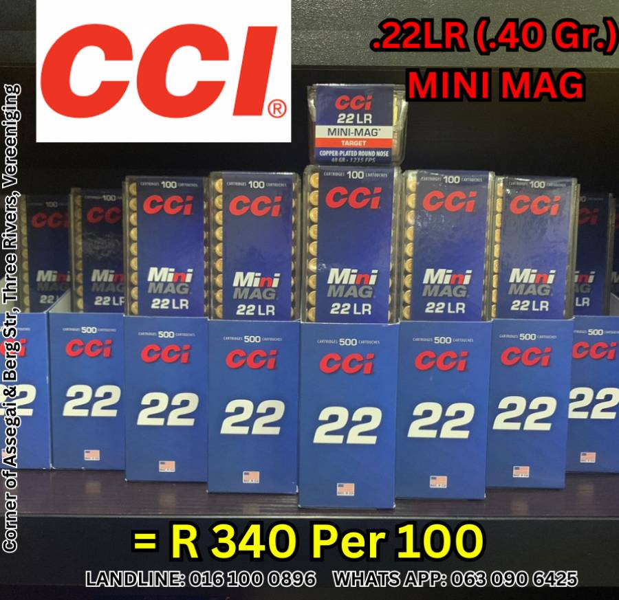 CCI (.40 gr.) MINI MAG AMMUNITION PER PACK (100), FEEL FREE TO CALL, VISIT THE SHOP, EMAIL OR WHATS APP FOR ANY FURTHER INFORMATION 063 090 6425