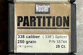 338 Noslers Bullets, 250gr (338) Nosler Partition Bullets
R500/25
2 x 25 available

180gr (338) Nosler Accubond Bullets
R500/50
1 x 50 available

Postage for buyer. 