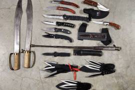 Asortment of knifes, Fixed and folding blades one flick knife 9x throughing knifes waal decoration sword and katana. R1800 for the whole lot or nearest cash offer.
0828495121