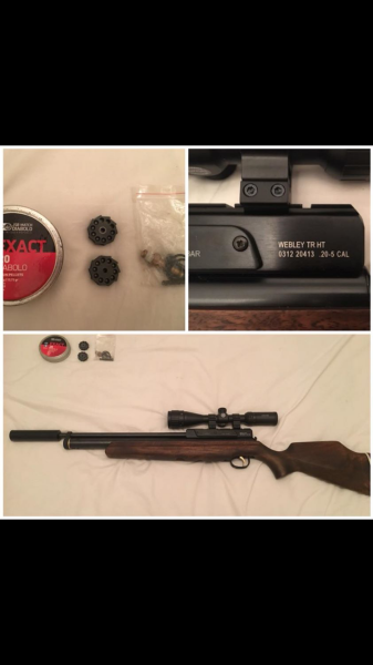 PCP ,  PCP AIR RIFLE 

Webley Raider 0.2 / .5mm 200bar 
Hawke 3-9x 40 vantage scope , 
1x suppressor 
2x 10 round mags
1 scuba tank
Extra o-rings and refill connecter 

0820569009
francois Gildenhuys 
Hermnaus

R9500-00