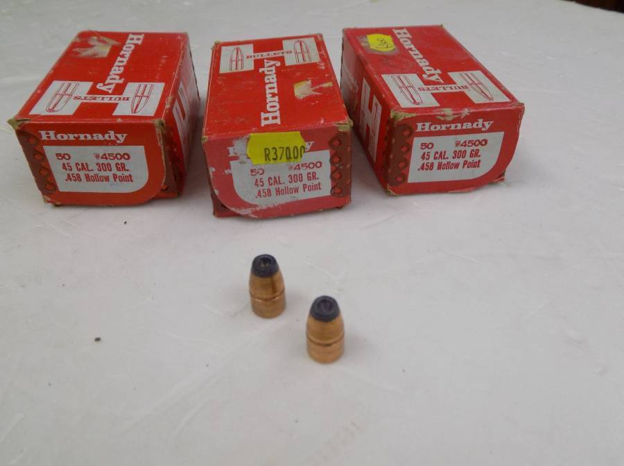 HORNADY 45 CAL (.458) 300GRN BULLETS, PACKAGING DAMAGED, 50 BULLETS PER BOX TWO FULL BOXES AVAILABLE PLUS ONE BOX OF 40. HORNADY PART NUMBER 4500 R5.00 PER BULLET