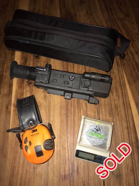 Pulsar N770 Nightvision, Peltor earmuffs, Pulsar N770
Peltor SportTac
Peregrine scale
all in good working order and hardly used
selling because I dont shoot at night anymore, have 2 pairs of earmuffs and only one pair of ears, upgrade to RCBS chargemaster,
 