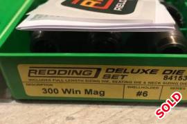 300 Win Mag Redding Deluxe Die Set, Brand brand new 300WM Redding die set for sale. Dies are spotless and have never been used. The set includes: Neck sizing die / Full length die / Seating die.
Dan Coetzee 
0715649519

 