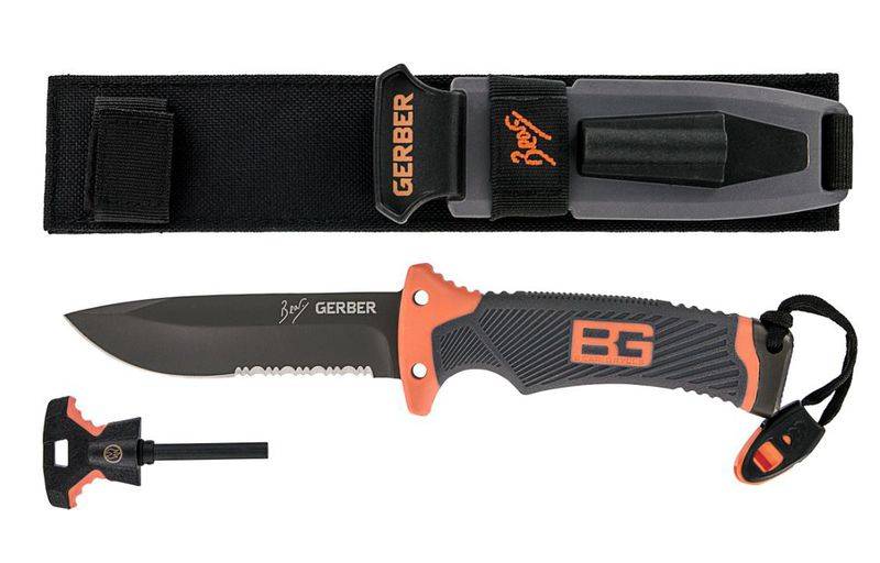 GERBER BEAR GRYLLS ULTIMATE SURVIVAL KNIFE, Unused Ultimate Survival Knife.
Features:
- Half Serrated High Carbon Stainless Steel Drop Point Blade: ideal for edge retention and cutting rope
- Ergonomic textured rubber grip: maximizes comfort and reduces slippage
- Stainless Steel Pommel:  base of handle for hammering
- Emergency Whistle: Integrated into lanyard cord
- Fire Starter: Ferrocerium Rod locks into sheath, striker notch incorporated into back of knife blade
- Nylon Sheath: Lightweight, military grade, mildew resistant
- Land to air rescue instructions
- Diamond Sharpener: integrated into sheath for on-the-go sharpening