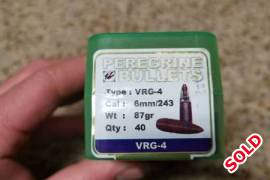 Peregrine Bullets .243/6mm, Make: Peregrine
Type:. VRG-4
Cal:.    6mm/243
Wt:.     87gr
Qty:.    40