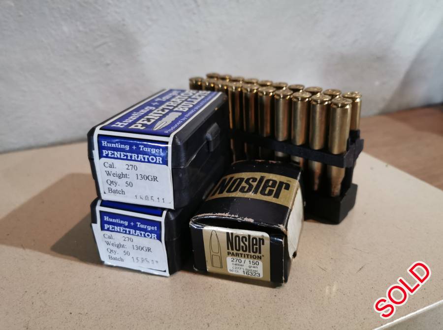 270 Bullets & Cases , 270 Bullets & Cases 
A) 2x Sealed Boxes of 130gr Rhino Penetrators bullets, R500 per box of 50. 
B) 150gr Nosler Partition (50) R500 500 
C) 300x Once fired cases, majority PMP. R300 per 100 cases. 
D) 7x57 Terminator Sound Moderator R900