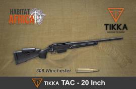 TIKKA T3X 308 WINCHESTER TACT 20 INCH, The Tikka T3x 308 Winchester TACT rifle offers consistent accuracy, be it at the range or out hunting on the plains of South Africa. The 20″ free-floating barrel of the Tikka T3x TAC effectively eliminates vibration, offering solid accuracy and performance round after round. The Tikka T3x 308 Winchester TAC is one of the ultimate multipurpose rifles that will perform in any given situation. Boasting the match grade free-floating barrel which is also used on the very popular T3x Sporter, the Tikka T3x TAC will be a precision rifle in all circumstances. The barrel and action is finished with a phosphate coating ensuring lasting protection against harsh external conditions.
