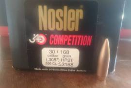 Nosler 168 grain HPBT .30 cal bullets, 100 of these competition bullets left: Nosler 168 grain .30 cal HPBT bullets. Price is R 800 ex Pretoria, courier costs or postage excluded. Please note these are target shooting projectiles, not suitable for hunting.