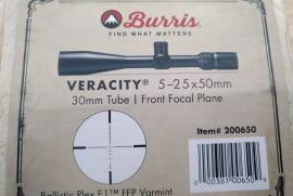 Burris Varacity 5-25 x 50 First Focal Plane, Great scope at a real value for money price.
Burris Veracity 5-25x50mm 
30mm tube.
Front Focal Plane.
Ballistic Plex E1 FFP Varmint Reticle.
Courier costs for buyer.