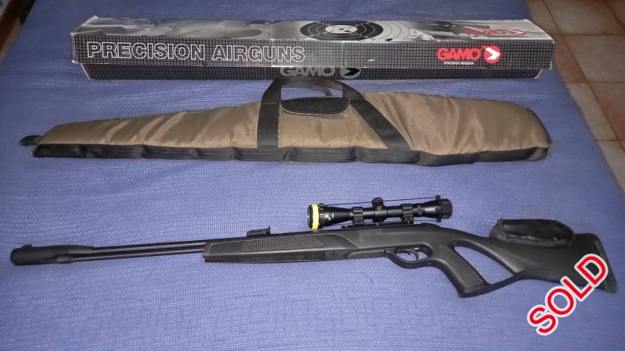 Gamo CFR fixed barrel springer with scope, etc., .177 Gamo CFR air gun with adjustable trigger for creep
Gamo Sporter AO 4X32 duplex scope
Includes rifle bag
Have original box it came with
Used it for field target shooting, won 2 gold medals, hence adjusted cheekpiece (the modification is removable)
Can courier it to you within South Africa with Courier Guy for free or at a reduced price depending how far you are from Cape Town