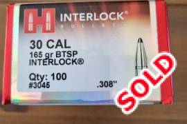 SEALED IN BOX - .308 165gr Hornady Bullets, ALL SOLD

- 5 x boxes of .308 165gr Hornady Interlock BTSP Bullets.
- All boxes brand new and sealed.
- 100 bullets per box.
- R800 per box (currently retailing for R1 019 at Safari Outdoor online).
**BULK DISCOUNT**
- R3 500 if taking all 5 boxes (i.e. R700 per box).
