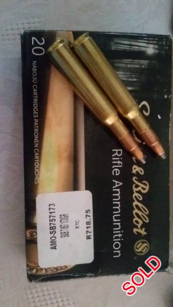 7x57 Sellier & Bellot Ammunition 173grs 11.2g, I 've got a brand new pack of 7x57 Sellier & Bellot 173grs 11.2g ammunition for sale at a good price of R450.00. Please contact me on 0836676133. Thank you 