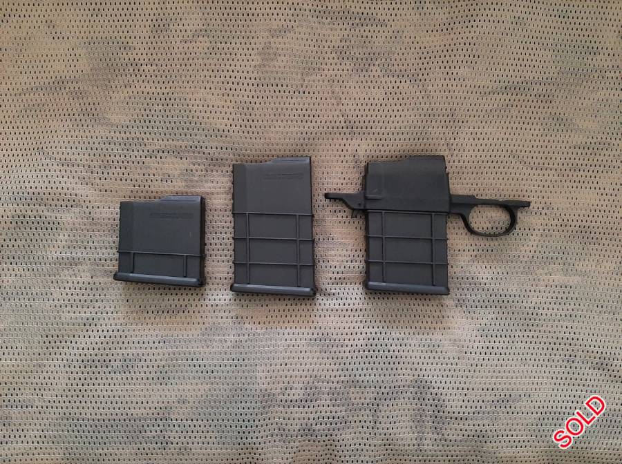 Legacy sports Howa short action magazine's , Got Legacy sports conversion kit with 2 x 10 round and 1 x 5 round magazine's, conversion have a crack on the back screw hole still works but if you buy the magazine's the conversion is free. New retail value for the 3 x magazine's is R R3350-00. Asking R2000 for all including postnet to postnet. Tinus 0820762584
