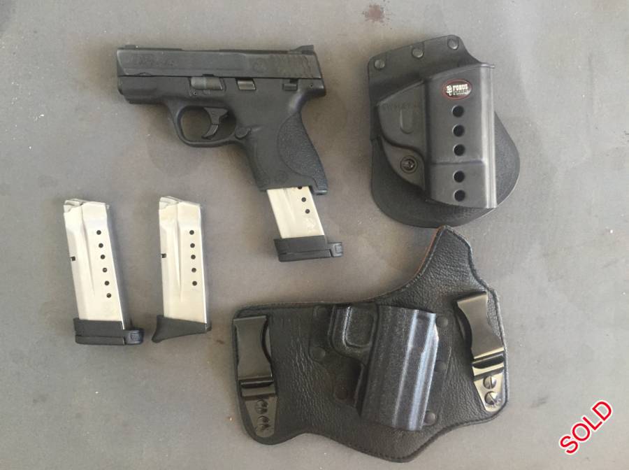 Smith & Wesson (S&W) M&P  9mm Compact, S&W M&P 9mm Compact;
3 Magazines (extended grip); 
Fobus Holster;
Galco In-Waistband Holster;
SAPS Motivation