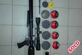 Airforce R0001, Airforce Talon ss for sale with all extras shown.

- Standard .177  barrel
- Walther .20 barrel
- Scope:  Tasco Golden Antler
- Ammo as in photo
- with silencer for .20 barrel

Contact Cois at 082 944 0454