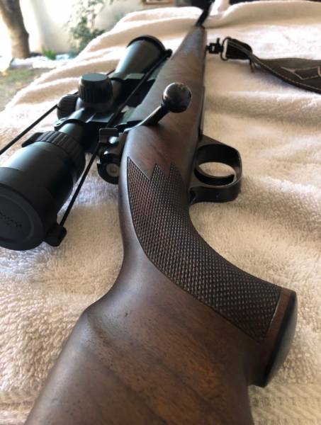 Original Ben Musgrave 30.06 Mod 90 Deluxe, So much to say about this rifle, truely remarkable rifle! Walnut Stock, Timney Trigger, Blued free floating Barrel, 24inch barrel. 1-11 twist. Accurate at 350 meters and shoots perfectly with silencer or without. hunting done between 200-350 and not a problem with accuracy at these distances. Nikon Prostaff 4-12X44 scope. Harris bipod, Silencer and excpetional threading all included. Value of Accersories R8800. 
6 round magazine. absolutely exceptional rifle. very few of these produced and this particular rifle is the 48th rifle in this calibre, not many of these made and a truely remarkable rifle in a great calibre. 
