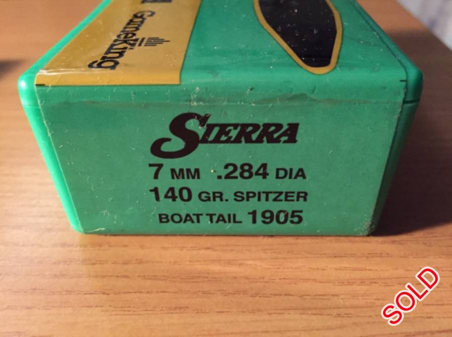 SOLD - Sierra .284 7mm 140gn GameKing 1905, 
I have 2 sealed packets of Sierra .284 7mm 140gn GameKing 1905 Spitzer Boat Tail for sale.
R495 per box of 100.
Postnet to postnet courier services can be arranged at an extra cost.