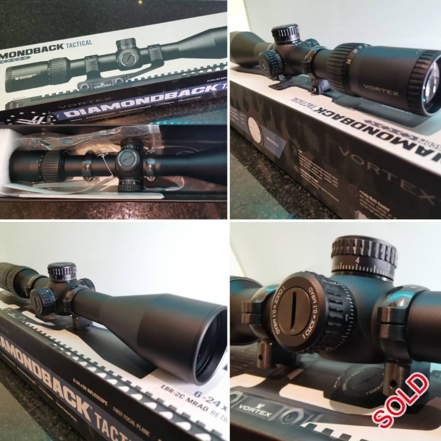 **AMAZING SCOPE, VERY WELL LOOKED AFTER**, This scope was on my CZ455 22LR.
Vortex Diamondback Tactical 6-24x50 FFP scope with EBR2C Reticle + Thor Rings @R8500. 
An amazing scope, packed with features. 
