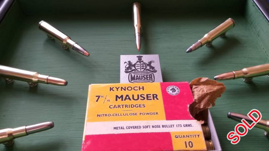 Mauser 7x57 in box frame., Mauser 7x57 in box frame., 7x different 7x57 Mauser cartridges (with different bullets) in a lovely box frame. &x57 Mauser as used by the Boers and also by Karamojo Bell who bagged many Elephants with this cal, prefering it over much heavier ones. This is a classic Mancave adition to your Mancave. Trevor
R 650.00