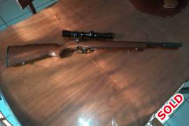 2nd hand .22 rifle with scope for sale, .22 LR with supressor and scope. 3x9x32. Barrel shorter. 10 round magazine. Used. Basic rifle. 