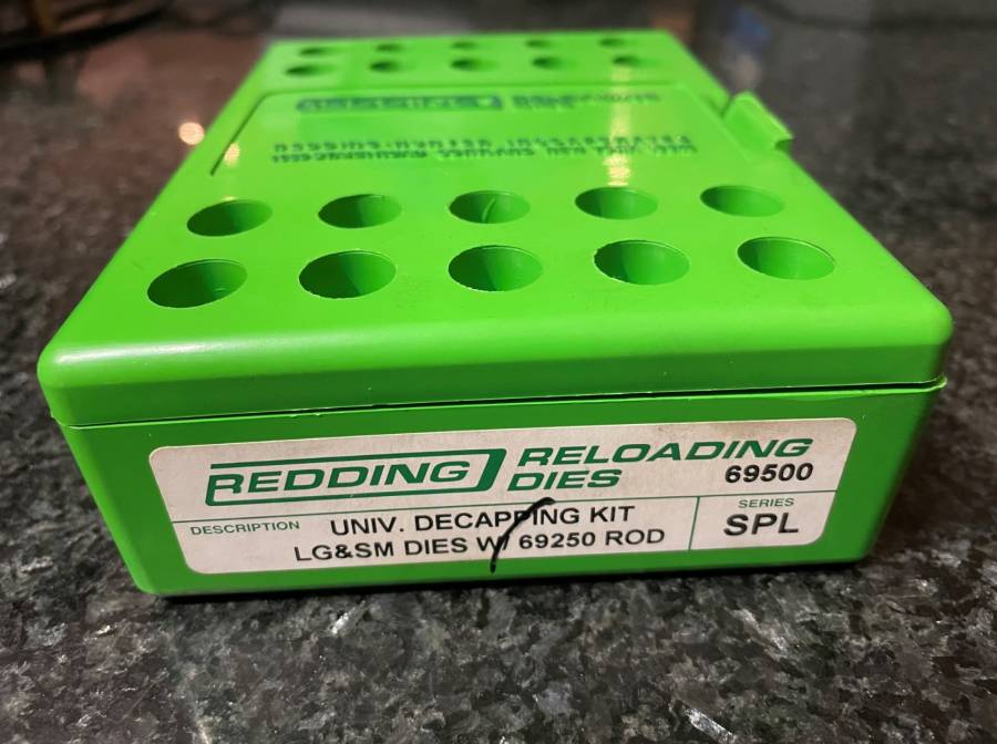 Redding Reloading Universal Decapping Die Kit, 
Small decapping die for 22 to 50 caliber cases with maximum case length of 2.
Rod to use small decapping die with 17 to 20 caliber cases
Large decapping die for 284 to 50 caliber cases with maximum case length of 3