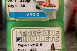 Various Rifle Bullets for Sale, Peregrine 6.5 VRG-5 125gr x210 – R2100

Peregrine 6.5 VRG-4 125gr x119 -R1500

Peregrine .338 VRG-5 220gr x94 – R1100

.30cal Nosler Balistic Tip 180gr x50 – R500

.30cal Nosler Accubond 180gr x24 – R400
