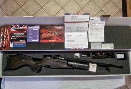 Daystate Red Wolf (HP) .22 50ft-lbs Hi Lite , Daystate Red Wolf (HP) .22 50ft-lbs Hi Lite fitted with a brand-new Safari stock (swapped out the stock from a new Safari I just purchased). This PCP rifle is in immaculate condition and has not been used much (± 500 shots). Very accurate and great to shoot. Extras include a silencer and a Saber Tactical bottle clamp (to mount a bi-pod). Comes with all original accessories and original box. Magazine replaced with Daystate’s new self-indexing magazine