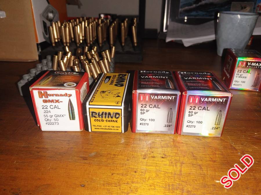 Cleaning out safe room, Bullets
10 x 375 300gr Sabi solid R200
17 x 375 260gr Nosler solid R260
93 x 224 55gr Hornady GMX R800
93 x 224 55gr Rhino S/S R550
200 x 224 60gr Hornady SP R700
Brass
70 x 223 mixed R140
343 x 9mm mixed R300
243 15 x Sako 16 x PMP 18 x Lapua 11 x Federal 67 x Hornady R500
Mounts & rings
Hawke 30mm med mounts R500
UTG Dovetail 25mm high mounts R300
3 x Nikon Sunshades 42mm R200 each
2 x sets Winchester M70 bases Weaver R200 each
1 x 338WM Lee Collet die set R350
Contact Stephen 0828516548 for info & pics 
Courier cost for buyers account

 