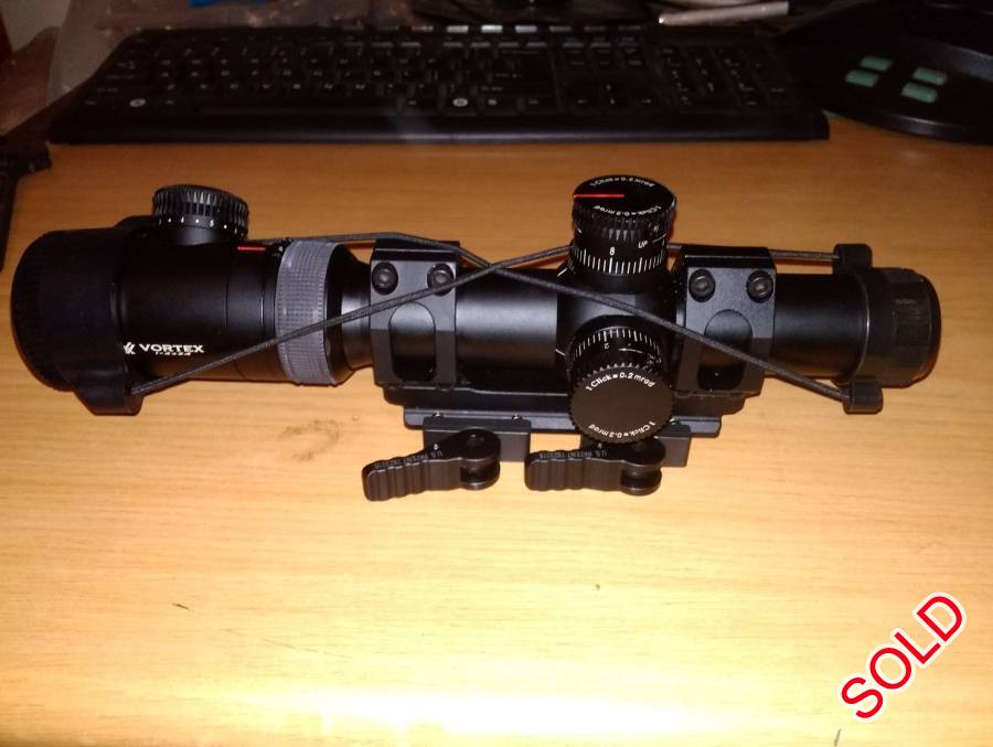Vortex Viper PST 1-4x24 Rifle scope + QD mount, Vortex Viper PST 1-4x24 (MRAD) Rile scope with a American Defence Quick Detach Mount.
Very little used, all like new.

I received an offer for the mount. So if someone wants the scope only for R6500. Can only separate items if I have a buyer for both.