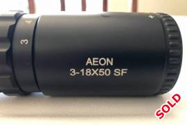 FOR SALE: AEON 3-18x50 , AEON 3-18x50 SF

30mm one-piece tube
 Large adjustment Range
 Fully multi-coated (FMC)optics;
 ​100% waterproof, fogproof and shockproof
 Dry-nitrogen filled
 1⁄4 MOA fingertip, audible and resettable windage and elevation adjustment
 Side parallax adjustment*


