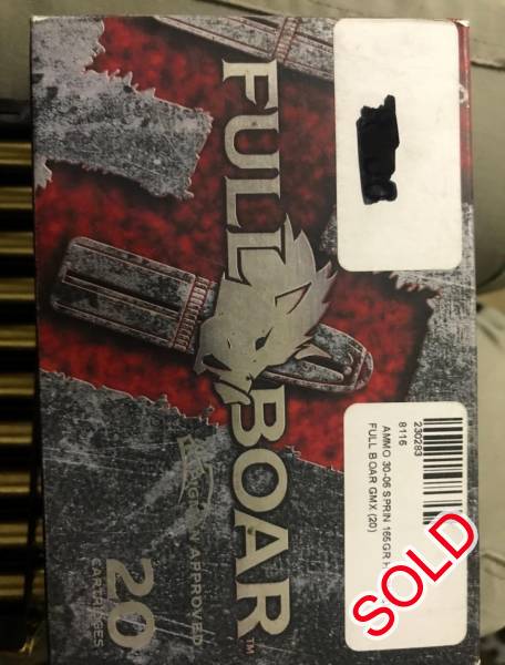 30-06 ammo and brass, 1 box federal vital shock 165 gr - R500
9 rounds hornady fullboar gmx 165 gr. - open to offers
68 federal once fired cases - R350
pretoria area
 
