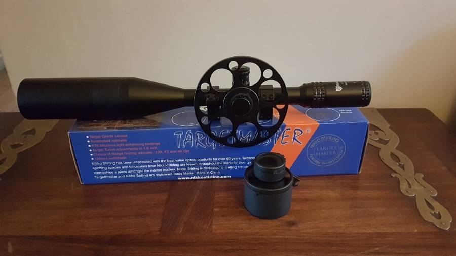  10-50 x 60 Air Rifle  FT Scope, I bought this scope in 2010 for a brief foray into air rifle filed target shooting. It is unblemished and comes with original box, hoods, and large focus wheel plus mounts. Its been carefully stored and transported and never dropped.