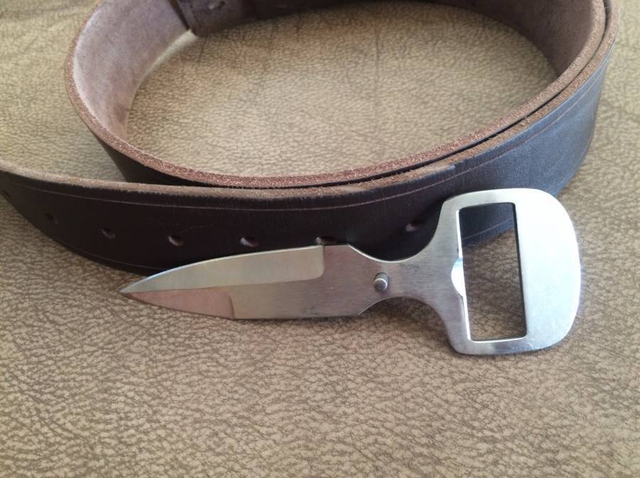 Knife Buckle , 304 SS knife buckle with 40mm wide 4mm thick genuine leather belt. Dark brown or black upto 48 inch.