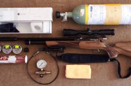DAYSTATE HUNTSMAN REGAL 5.5MM (.177) BOLT ACTION, Daystate Huntsman Regal .177 Bolt Action with Hawke Vantage SF 3-12×44 Riflescope – Half Mil Dot Reticle. Includes Weihrauch Moderator/Silencer, Drager air cylinder, rifle bag, sling, bi-pod, and approximately 2000 pellets.
Like New condition.
Courtesy of its Harper patent Slingshot hammer and valve system, the Huntsman is capable of performance levels hitherto unachievable in a mechanically driven PCP, and higher power versions in the Regal line produce muzzle energies up to 30 ft/lbs, or 40 ft/lbs on the extended-cylinder XL model.
Indeed, it makes the perfect chassis for the latest variant – the HR Huntsman Regal. Incorporating an air regulator designed in collaboration with Dutch pneumatic specialist Huma, the HR model improves the Regal’s already consistent velocity, and extends its shots-per-charge count to 70%.
FEATURES OF DAYSTATE HUNTSMAN REGAL 5.5MM
Overall Length-928mm (36.5 ins)
Barrel Lengt-430mm (17 ins)
Cylinder Capacity-132 cc
Overall Weight (Un-scoped) 2.7 kg (5.95lbs)
Calibre-5.5mm
Loading-Magazine or Single Shot Tray
Cocking-Bolt Action (with mechanical slingshot hammer system)
Magazine-11-Shot 5.5mm self-indexing, removable (from right-on right-handed guns)
Fill Pressure-Up to 230 BAR (3,335 psi)
Power / Shots Per Charge 5.5mm-95 shots @ 12 ft/lbs
Trigger-Two-stage mechanical release. Adjustable for weight and length of stage
Stock-Walnut sporter
Hawke Vantage SF 3-12×44 Riflescope – Half Mil Dot Reticle. Value R3,964 - R4,829
1/2 Mil Dot Reticle
1/4 MOA / Click Impact Point Correction
100 MOA Windage/Elevation Adjustment
Low-Profile Capped Turrets
High Torque Zoom Ring
Side Parallax Adjustment Turret
Anodized Aluminium Alloy Housing
Nitrogen-Filled, Water and Fog proof.