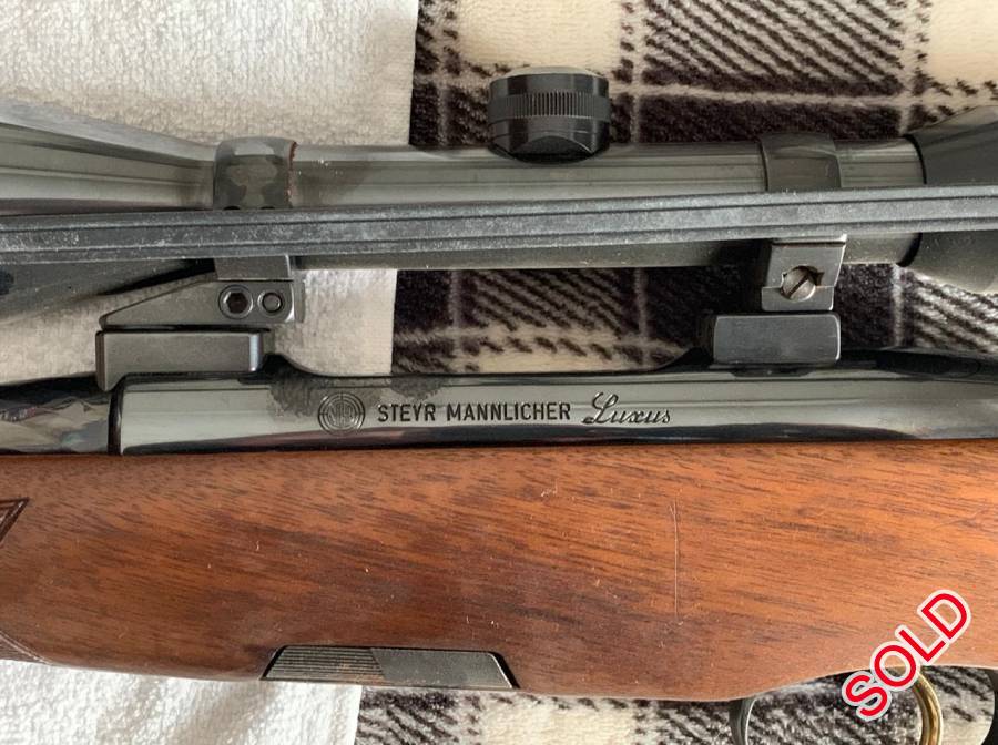 30-06 Steyr Mannlicher Luxus, Good condition. Comes with large square metal rifle case and a Swarivski Habicht 6x42 scope.