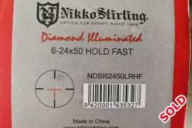 Nikko Stirling 6-24x50 Diamond, I am selling a Nikko Stirling 6-24x50 Hold Fast Diamond Illuminated scope. 
Scope was used on one hunt.
30mm tube.
Reason for selling is open sight on rifle is in the way and because of that I had to mount the scope on high rings and this is not working for me. 
Rings not included. 