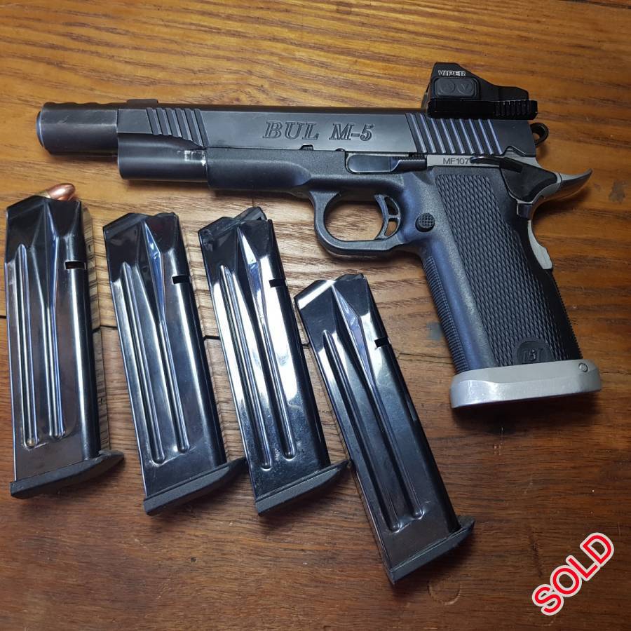 9mm Bul M5 Pistol, 9mm Bul M5 pistol fitted with 3 port compensator and Vortex Viper 6 moa red dot sight.  4 magazines. Magazine capacity 18 rounds.