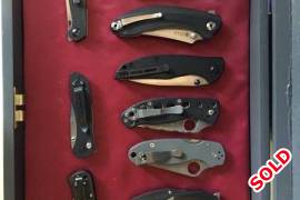 Knife collection, Selling my knife collection as follows:

Chris Reeves Mini Inkosi Insigo Blade ( S35 Vn)  with box etc ( new R 7800)
Spyderco Para 3 (Maxamet) with Kasey Lynch deep carry Ti clip with box ( new R 4200)
Kizer Minitherium (S 35 VN) & carbon fibre handles with box ( new R 3000)
Kizer XXL Sheepdog ( 154cm) no box ( new R 1300)
Spyderco Rheinhold Rhino ( CTS XHP)  & Carbon Fibre handels with box (new R 3500)
Benchmade 707 Sequal ( 154cm) and Aluminuim handles with box ( new R 2500)
Civivi McKenna ( D2) G 10 handles front flipper with box ( new R 1200)
Civivi Governer ( D2) G10 handles with box ( new R 1100)
Ruike P 155-B ( 14c28N) G 10 handles with box ( new R 1200)
 