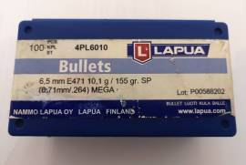6.5mm Lapua Mega Bullets, 155gr., 
100 x 155gr Lapua Mega Bullets for 6.5mm Caliber still sealed in box.