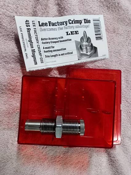 LEE FACTORY CRIMP DIE 416 REMINGTON, BRAND NEW IN BOX AS PICTURED. R 350-00  EXCLUSIVE OF POSTAGE OR SHIPPING. CAN BRING CASH AND PICK-UP IN MONTANA  PARK, PRETORIA.