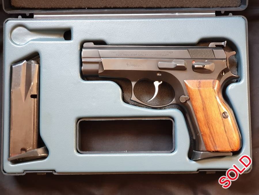 Tanfoglio TA90 Combat (Compact 9mm Parabellum), Made in Italy. High quality fit and finish.
Double and Single Action with Manual Safety.
Beautiful Wood Grip Panels, Steel Frame, & Stainless Barrel
Two original 12 round Mags and Carry Case.
Smooth and Crisp Trigger Action.
In Excellent Condition.
Contact JJ: 082 602-8883