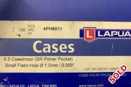 6.5 Creedmoor Lapua Cases. Brand new, Selling a brand new box (still sealed) Lapua cases for 6.5 Creedmoor (100 cases) with small flashole (small  rifle primer pocket). R2000 or nearest cash offer