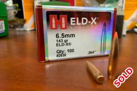 Hornady 6.5mm 143gr Eld-x  bullets , Selling two unopened boxes (100 each) of 6.5mm Hornady Eld-x bullets in 143gr. R950 each box. Price is negotiable if you take both. 