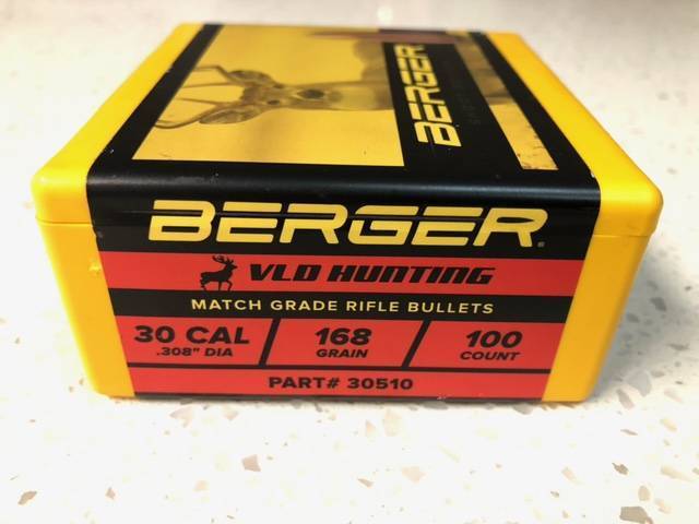 Berger VLD Hunting bullets, Berger VLD Hunting Bullets, 168 grain .30 Calibre.  Postage for purchaser's account.