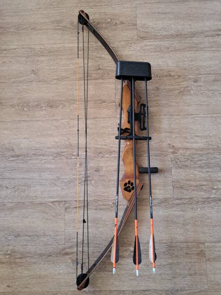 Beautiful old wood and composite Martin compound, Smooth, sweet-shooting 60lb Martin with wooden riser and composite limbs for sale. Shoots well with fingers or release. New string. With 3 used arrows, bow quiver and 3 unused fixed-blade broadheads. Price indicative. Please make me an offer. 

These old bows are the perfect compromise between recurves and compounds offering most of the advantages of both, while looking amazing. An excellent starter bow. It has taken a variety of game including zebra at the largest end of the scale. I'm emigrating and it's looking for a good home. Price is negotiable. 