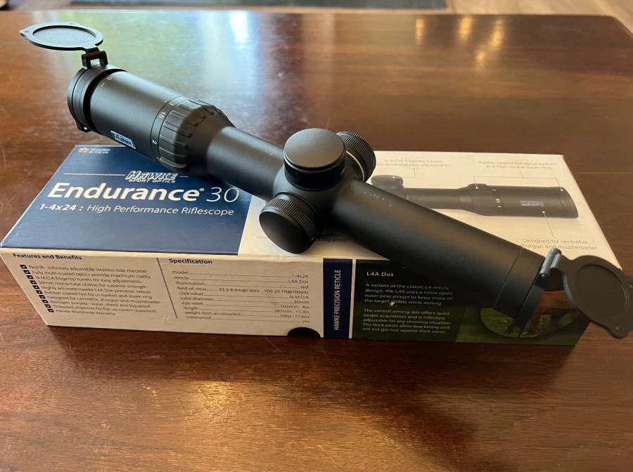 Hawke Endurance 30  1 - 4 x 24 Rifle Scope, An as new Hawke Endurance 30 1 -4 x 24 L4A Dot rifle scope with red dot illumination, mounted but never used. 30mm tube. Lens protection caps & tools incl.