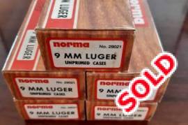 Norma 9mm Luger unprimed brass, 5 x boxes of 50 x Norma 9mm Luger unprimed brass R200.00 per box.

Shippig at buyers cost and risk