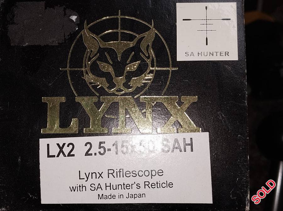 LYNX LX2  2.5-15X50 SAH RETICLE, LYNX LX2 RIFLESCOPE FOR SALE
2.5-15X50
S A HUNTER RETICLE ( FOR HOLD OVER)
FITTED WITH BALISTIC TURRETS ( DONE BY LYNX AFTER SALE ).
COST OF TURRETS WERE R 2 000
VERY GOOD CONDITION
ASKING R 7 900, EXCLUDING POSTAGE OR DELIVERY COSTS.
 
